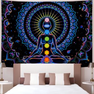 Heopapin Blacklight Tapestry Seven Chakra Tapestry UV Reactive Yoga Meditation Mandala Wall Tapestry Trippy Galaxy Space Tapestry for Wall Hanging Tapestry for Bedroom Home Decor W78×H59