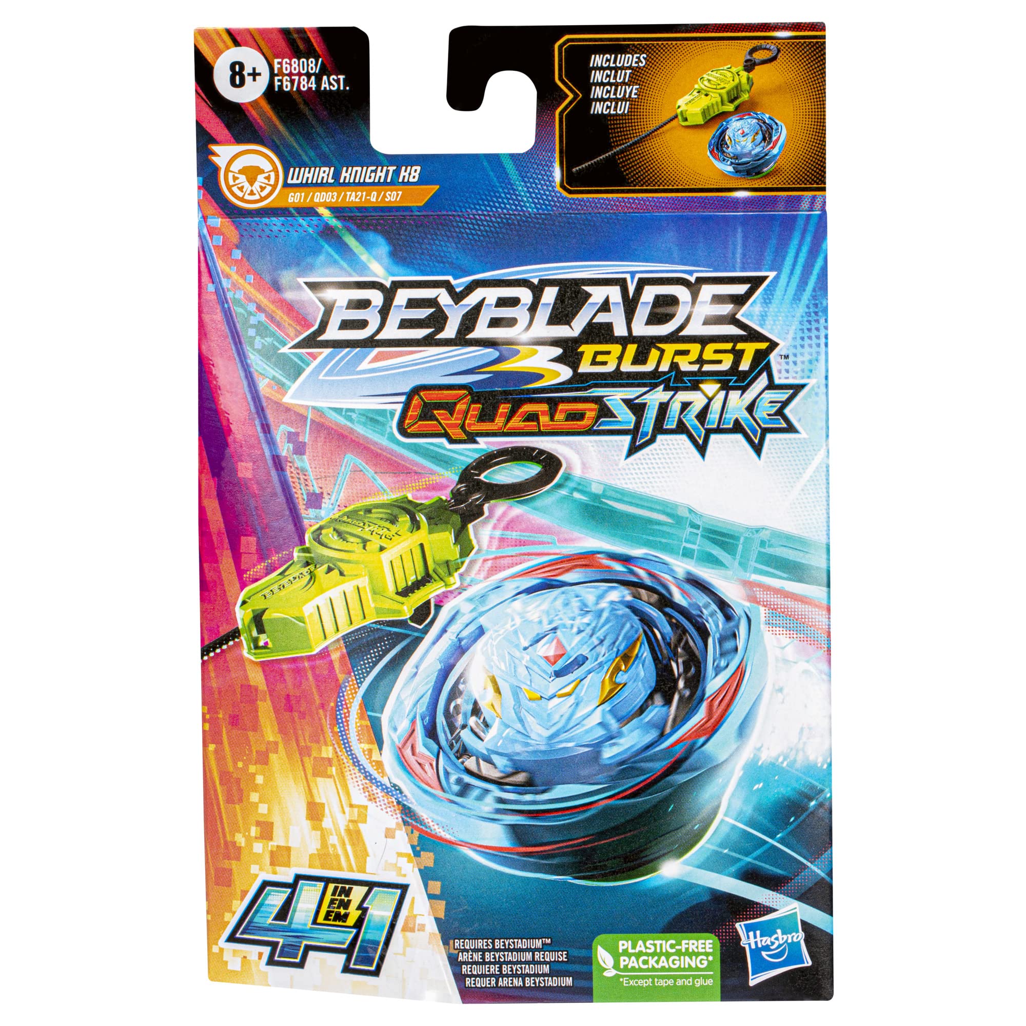 Beyblade Burst QuadStrike Whirl Knight K8 Spinning Top Starter Pack, Stamina/Attack Type Battling Game with Launcher, Kids Toy Set