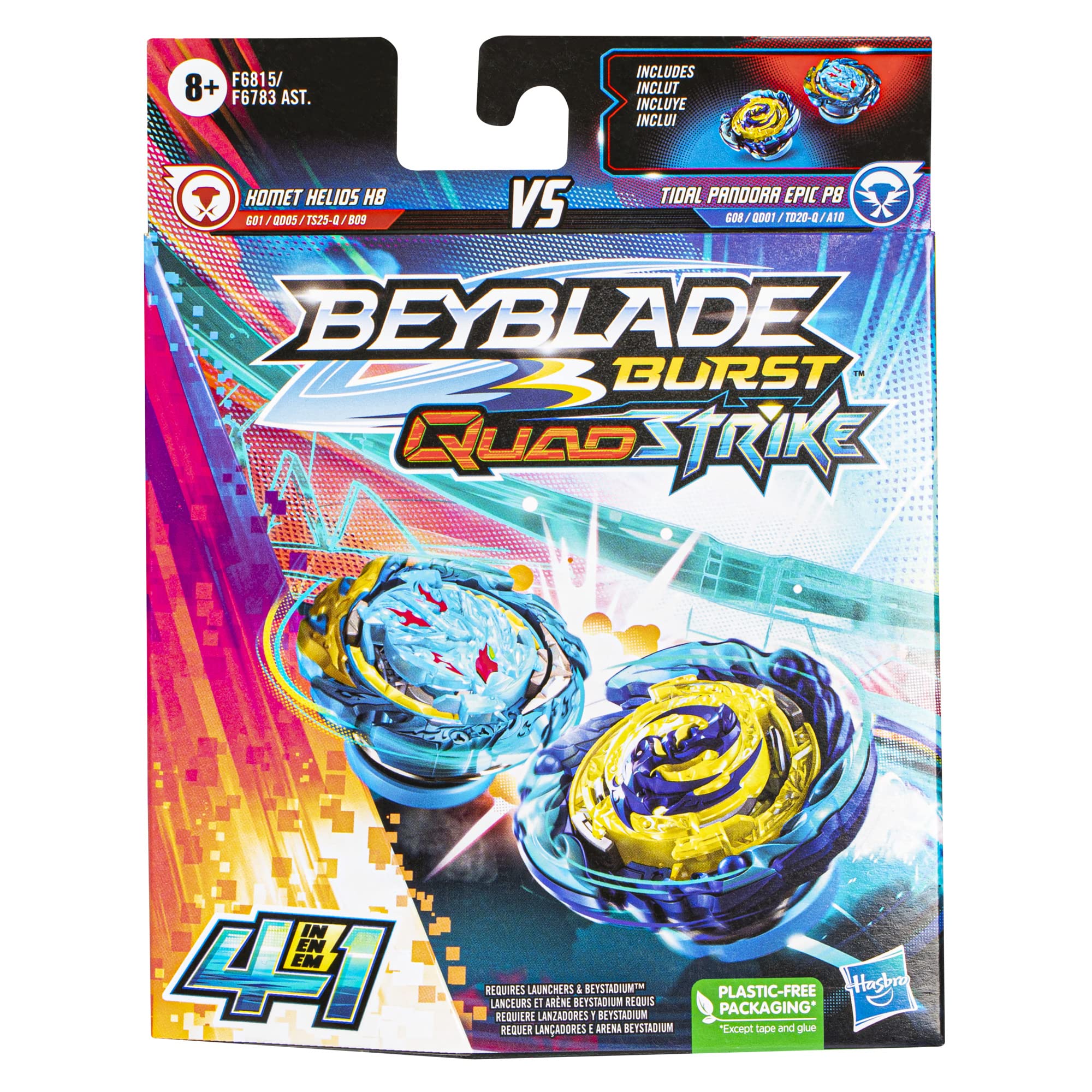 Hasbro Beyblade Burst QuadStrike Komet Helios H8 and Tidal Pandora Epic P8 Spinning Top Dual Pack, 2 Battling Game Top Toy for Kids Ages 8 and Up