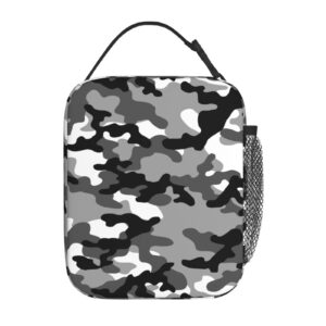 SUPLUCHOM Lunch Box Black White Camo Camouflage Insulated Bag Reusable with Side Pocket for Work School Picnic Hiking Daytrip Kids Boy Men Student Over 3 Years Old