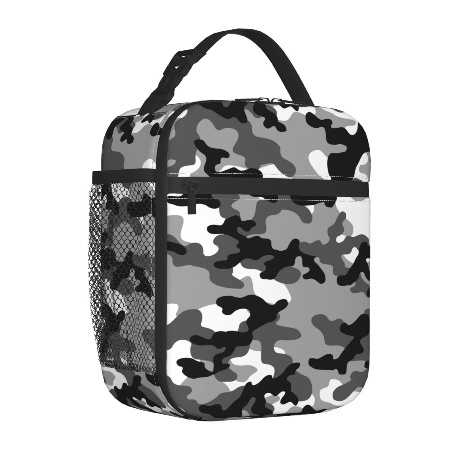 SUPLUCHOM Lunch Box Black White Camo Camouflage Insulated Bag Reusable with Side Pocket for Work School Picnic Hiking Daytrip Kids Boy Men Student Over 3 Years Old