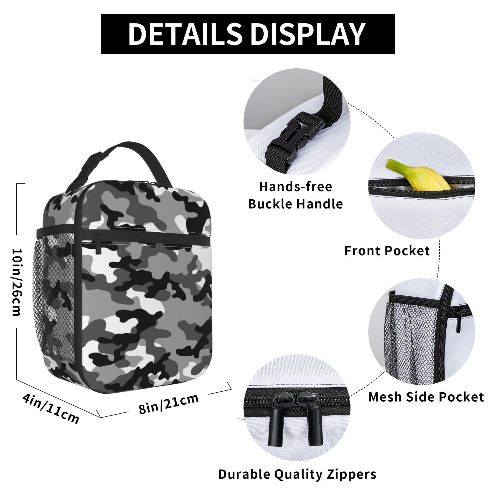 SUPLUCHOM Lunch Box Black White Camo Camouflage Insulated Bag Reusable with Side Pocket for Work School Picnic Hiking Daytrip Kids Boy Men Student Over 3 Years Old