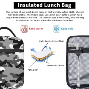 SUPLUCHOM Lunch Box Black White Camo Camouflage Insulated Bag Reusable with Side Pocket for Work School Picnic Hiking Daytrip Kids Boy Men Student Over 3 Years Old