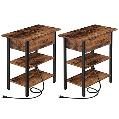 HOOBRO Set of 2 End Tables, Side Table with Charging Station, Flip Top Nightstand with USB Ports and Outlets, Bedside Tables with Shelf for Small Spaces, Living Room, Bedroom, Rustic Brown BF341BZP201