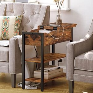 HOOBRO Set of 2 End Tables, Side Table with Charging Station, Flip Top Nightstand with USB Ports and Outlets, Bedside Tables with Shelf for Small Spaces, Living Room, Bedroom, Rustic Brown BF341BZP201