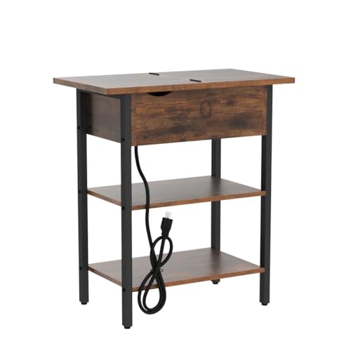 HOOBRO Set of 2 End Tables, Side Table with Charging Station, Flip Top Nightstand with USB Ports and Outlets, Bedside Tables with Shelf for Small Spaces, Living Room, Bedroom, Rustic Brown BF341BZP201