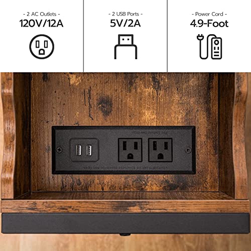 HOOBRO Set of 2 End Tables, Side Table with Charging Station, Flip Top Nightstand with USB Ports and Outlets, Bedside Tables with Shelf for Small Spaces, Living Room, Bedroom, Rustic Brown BF341BZP201