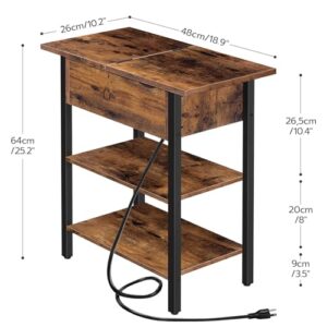 HOOBRO Set of 2 End Tables, Side Table with Charging Station, Flip Top Nightstand with USB Ports and Outlets, Bedside Tables with Shelf for Small Spaces, Living Room, Bedroom, Rustic Brown BF341BZP201