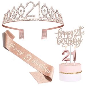 bella meri 21st birthday gifts for women, 21st birthday tiara crown, sash, cake toppers,birthday candles, 21 birthday decorations women