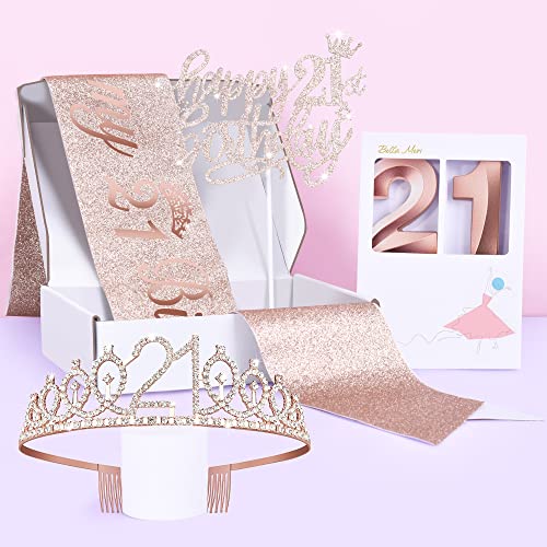 Bella Meri 21st Birthday Gifts for Women, 21st Birthday Tiara Crown, Sash, Cake Toppers,Birthday Candles, 21 Birthday Decorations Women