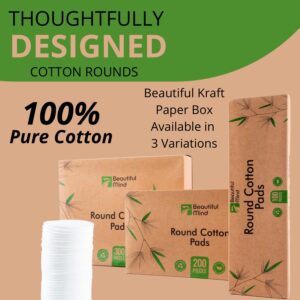 Beautiful Mind Cotton Rounds Makeup Remover Pads – Pack of 200 – Lint Free Eco-Friendly & Compostable – Use as Makeup Applicator, Nail Polish Remover, or Baby Care Pad – Kraft Box