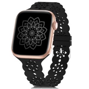 Floral Silicone Band Compatible with Apple Watch Bands 38mm 40mm 42mm 44mm 41mm 45mm 49mm Women Men, Slim Hollow-Out Design Wristbands Soft Sport Breathable Watch Bands for iWatch Ultra SE Series