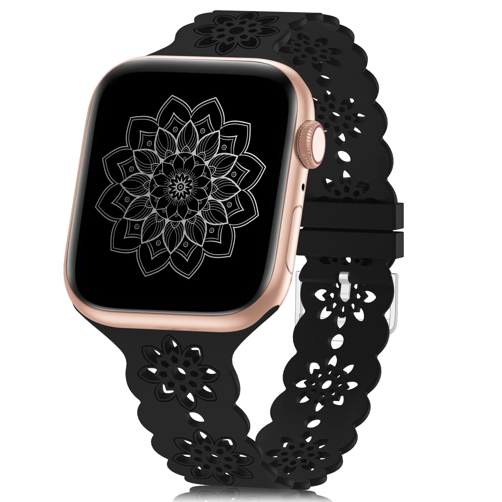 Floral Silicone Band Compatible with Apple Watch Bands 38mm 40mm 42mm 44mm 41mm 45mm 49mm Women Men, Slim Hollow-Out Design Wristbands Soft Sport Breathable Watch Bands for iWatch Ultra SE Series