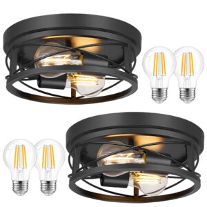 feanron farmhouse 2-light black flush mount ceiling light fixtures, industrial vintage metal cage closed to ceiling mount lamp for hallway kitchen bedroom 2 pack, a19 led bulbs included