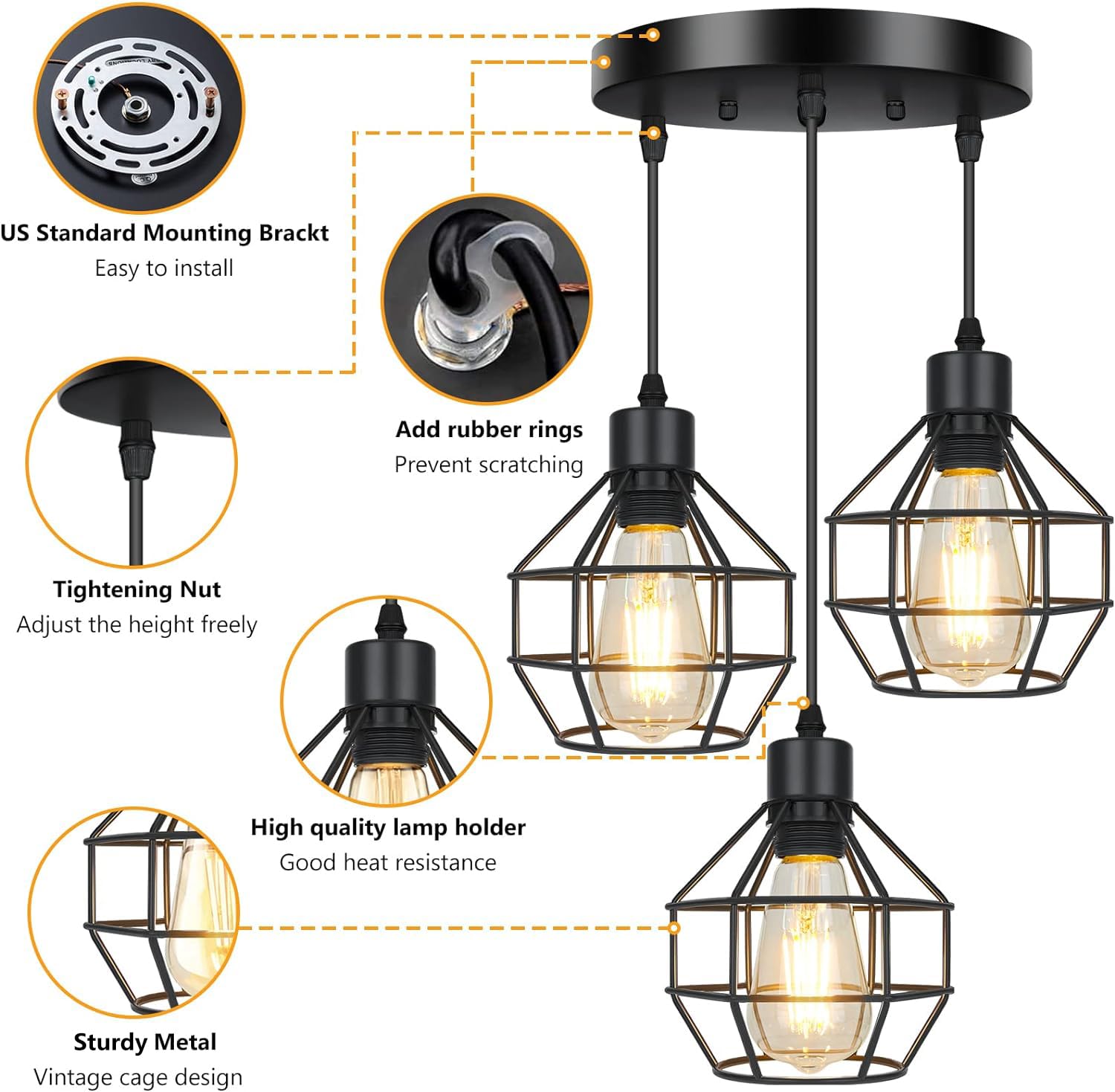 FadimiKoo Farmhouse 3-Light Pendant Light Fixtures, Adjustable Industrial Hanging Pendant Lighting for Kitchen Island, Vintage Black Metal Cage Pendant Ceiling Lamp for Dining Room Bedroom