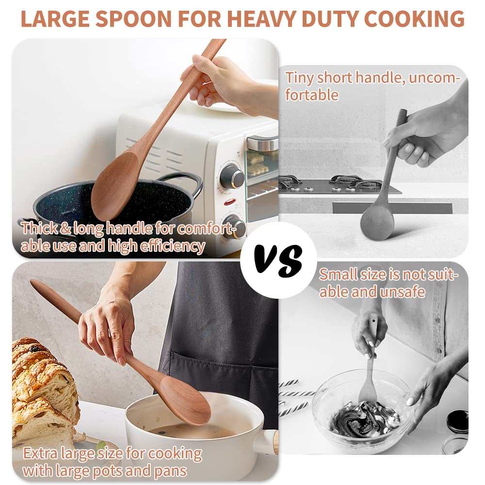 Giant Wooden Spoon for Cooking, Large Wood Scoop Utensil, 17-inch Big Corner Spoon | Right Angled Spoon, Comfortable Long Handle Grip Kitchen Serving Scooper for Big Pot, Heavy Food Service Spoon