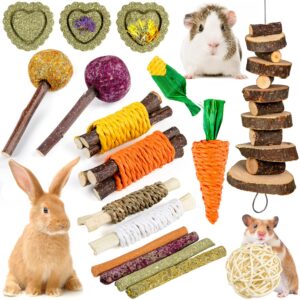 Sofier Rabbit Toys Bunny Toys Guinea Pig Toys 17pcs Natural Timothy Hay Treats Hamster Toys for Teeth Handmade Rabbit Treats and Chews Chinchilla Rat