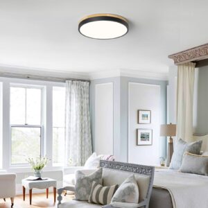 Vikaey Modern Wood LED Ceiling Light Fixture, Minimalist Black Flush Mount Ceiling Lamps, Round Ceiling Lighting Fixtures for Bedroom, Dining Room, Kitchen, Laundry Room, Hallway (NOT Dimmable)