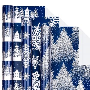 lezakaa navy christmas wrapping paper roll - min roll - snowy woodland scenes/snowflake/tree for gift wrap, diy craft - 17 x 120 inches - 3 rolls (42.5 sq.ft.ttl.)