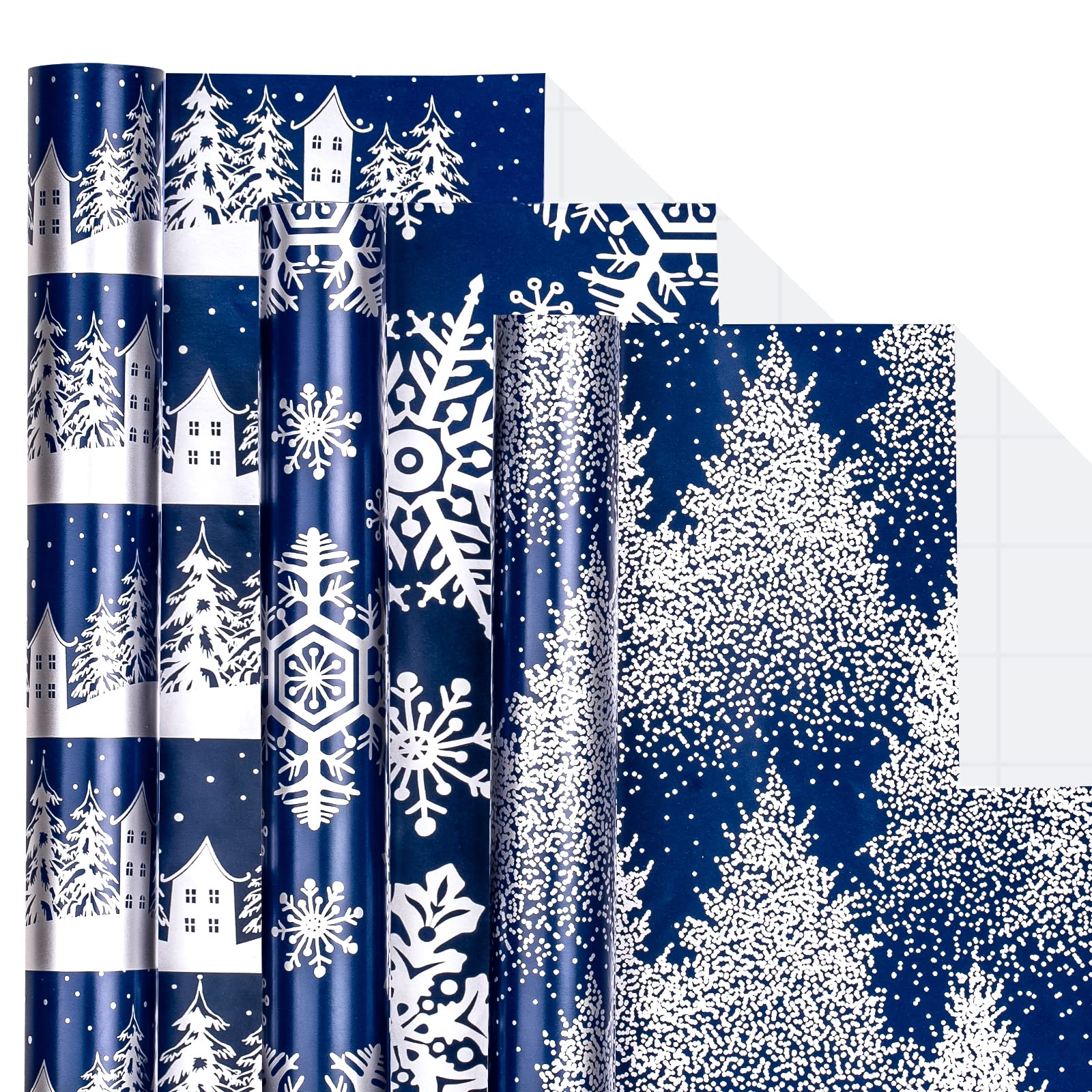 LeZakaa Navy Christmas Wrapping Paper Roll - Min Roll - Snowy Woodland Scenes/Snowflake/Tree for Gift Wrap, DIY Craft - 17 x 120 inches - 3 Rolls (42.5 sq.ft.ttl.)