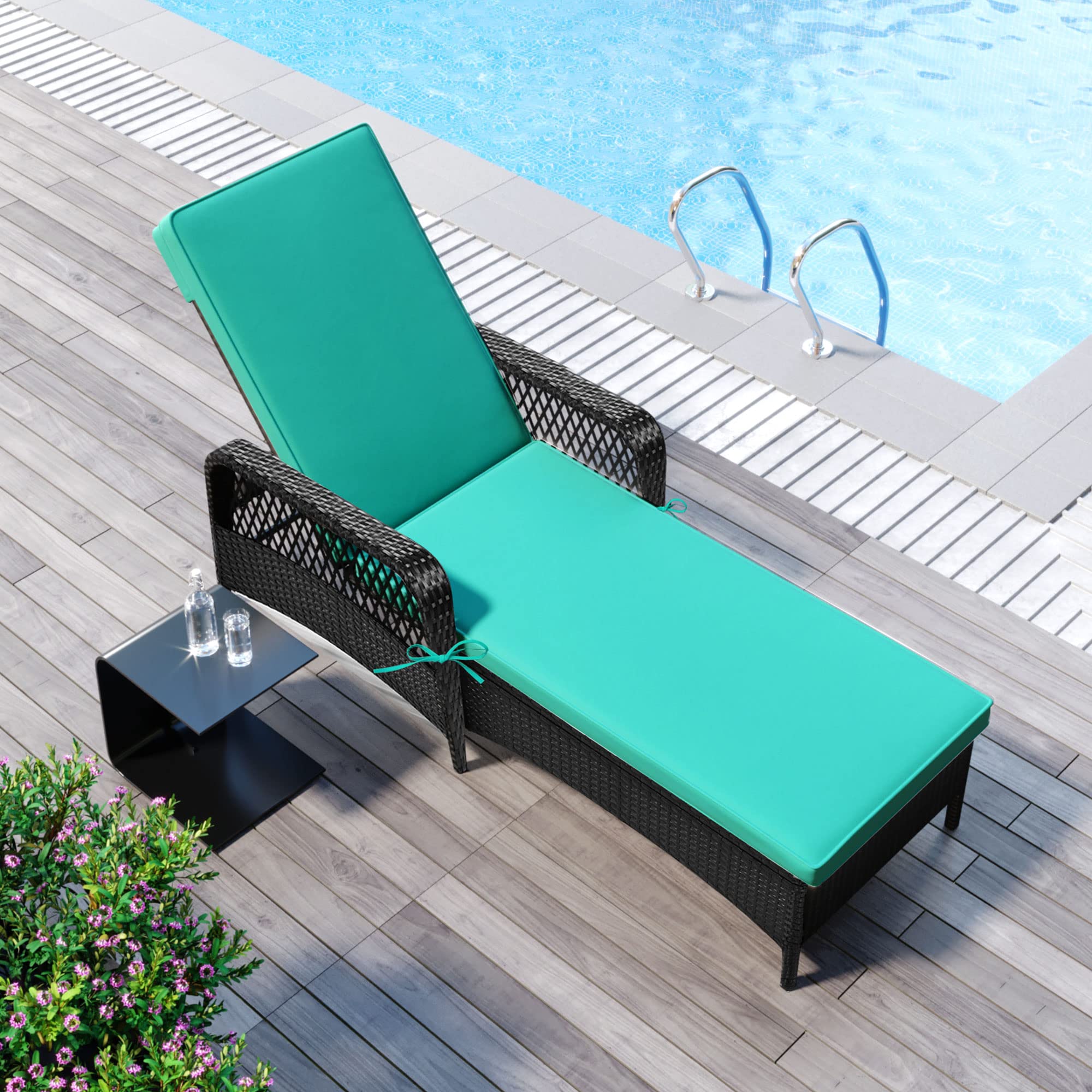 Outdoor PE Wicker Chaise Lounge with Adjustable Angles, Patio Rattan Chair Sun Lounger with Armrest, Patio Furniture (Green)