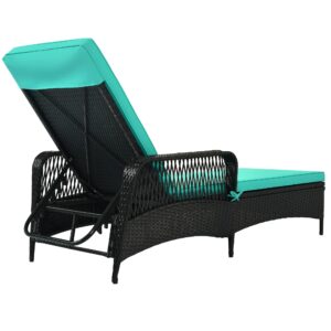 Outdoor PE Wicker Chaise Lounge with Adjustable Angles, Patio Rattan Chair Sun Lounger with Armrest, Patio Furniture (Green)