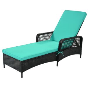 Outdoor PE Wicker Chaise Lounge with Adjustable Angles, Patio Rattan Chair Sun Lounger with Armrest, Patio Furniture (Green)