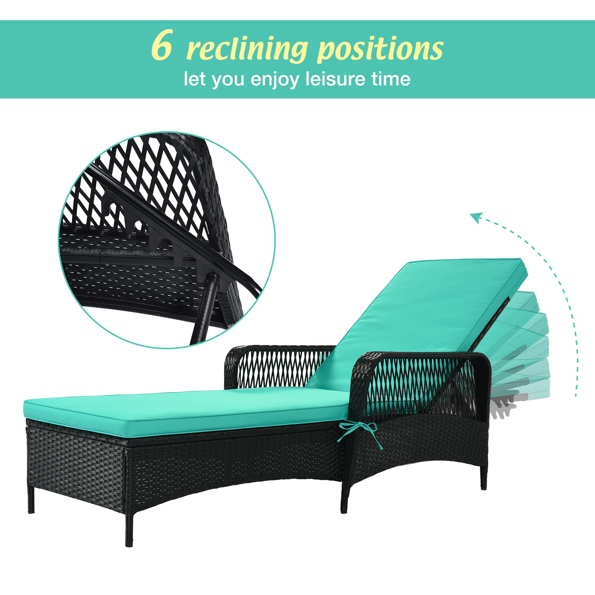 Outdoor PE Wicker Chaise Lounge with Adjustable Angles, Patio Rattan Chair Sun Lounger with Armrest, Patio Furniture (Green)