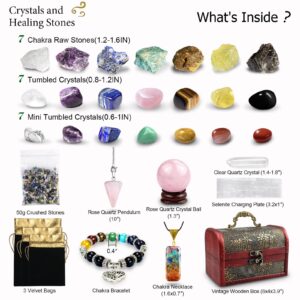 Healing Crystals Set 28 Pcs Real Crystals and Healing Stones Kit, Energy Crystals for Beginners Meditation Yoga, 14 Natural Tumbled Crystals and 7 Raw Chakra Stones, Crystal Ball, Pendulum, Selenite