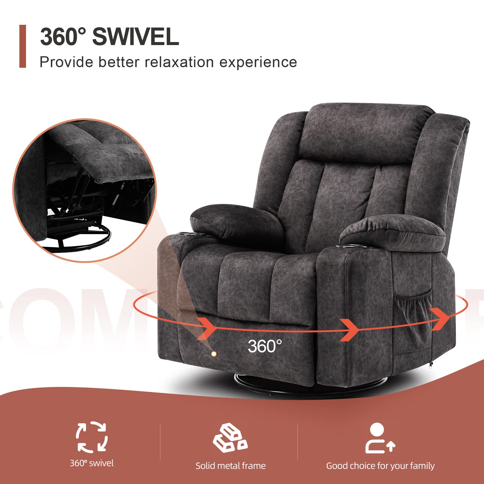 COMHOMA Recliner Chair Massage Rocker with Heated 360 Degree Swivel Lazy Boy Recliner Single Sofa Seat with Cup Holders for Living Room (Gray)