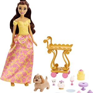 Mattel Disney Princess Belle Tea Time Fashion Doll & Playset with Tea Cart, 3 Character Friends and Food Accessories