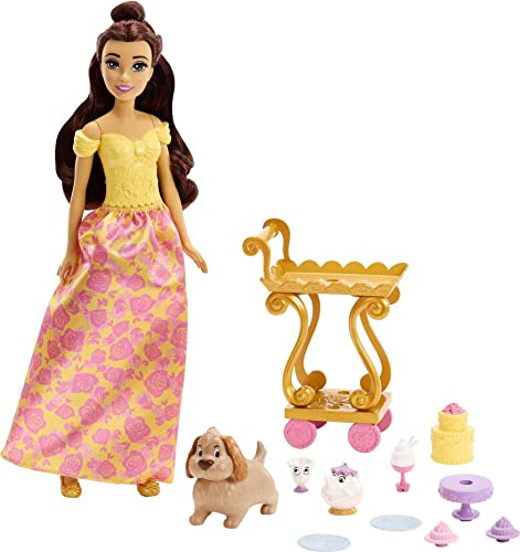 Mattel Disney Princess Belle Tea Time Fashion Doll & Playset with Tea Cart, 3 Character Friends and Food Accessories