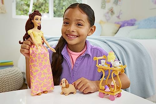 Mattel Disney Princess Belle Tea Time Fashion Doll & Playset with Tea Cart, 3 Character Friends and Food Accessories