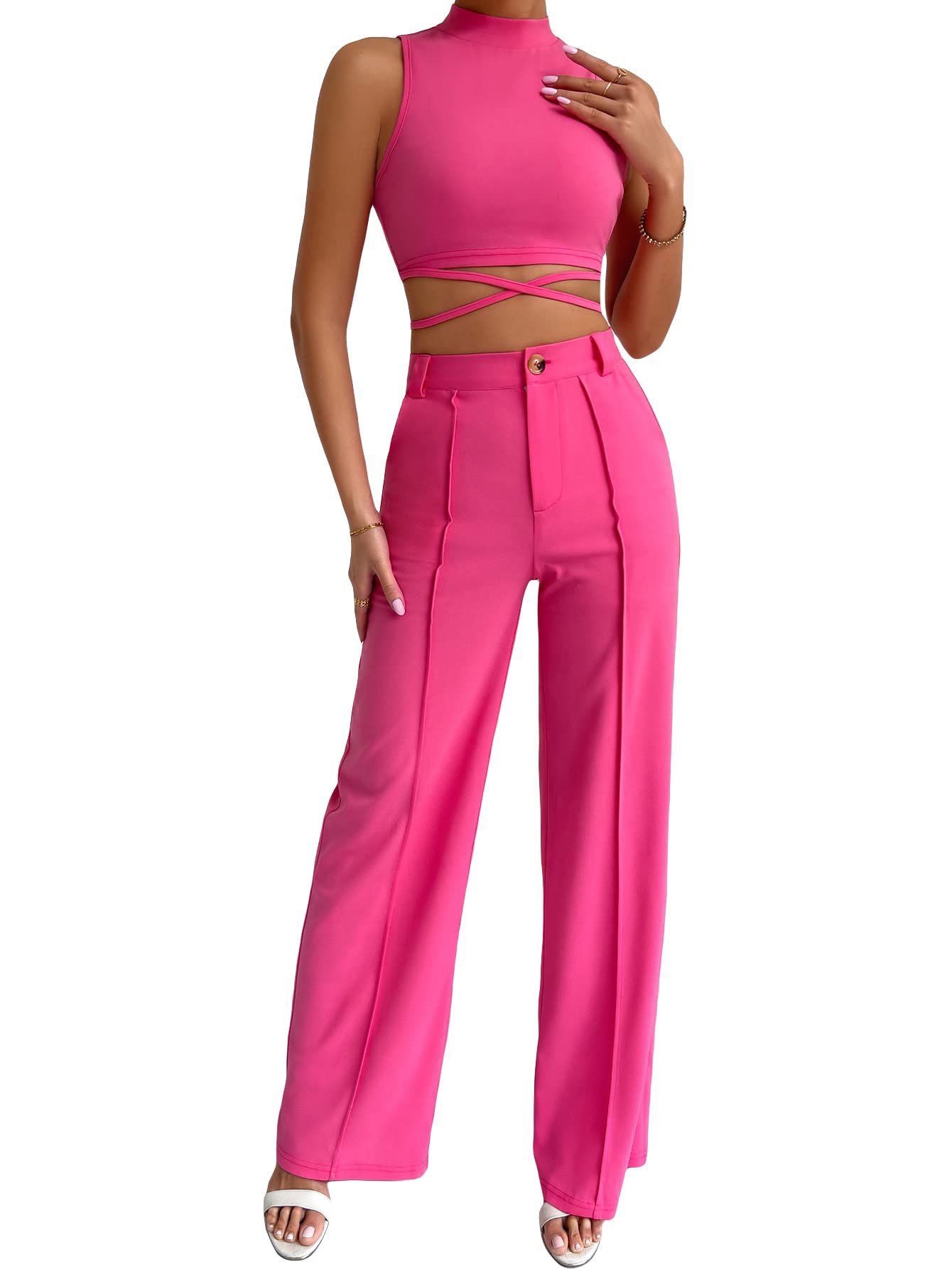 MakeMeChic Women's 2 Piece Outfits Mock Neck Criss Cross Crop Tank Top and Wide Leg Pants Set Hot Pink L