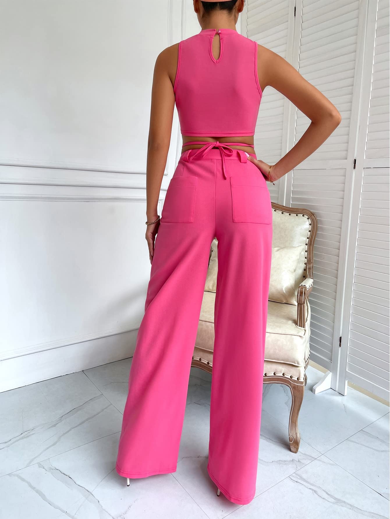 MakeMeChic Women's 2 Piece Outfits Mock Neck Criss Cross Crop Tank Top and Wide Leg Pants Set Hot Pink L