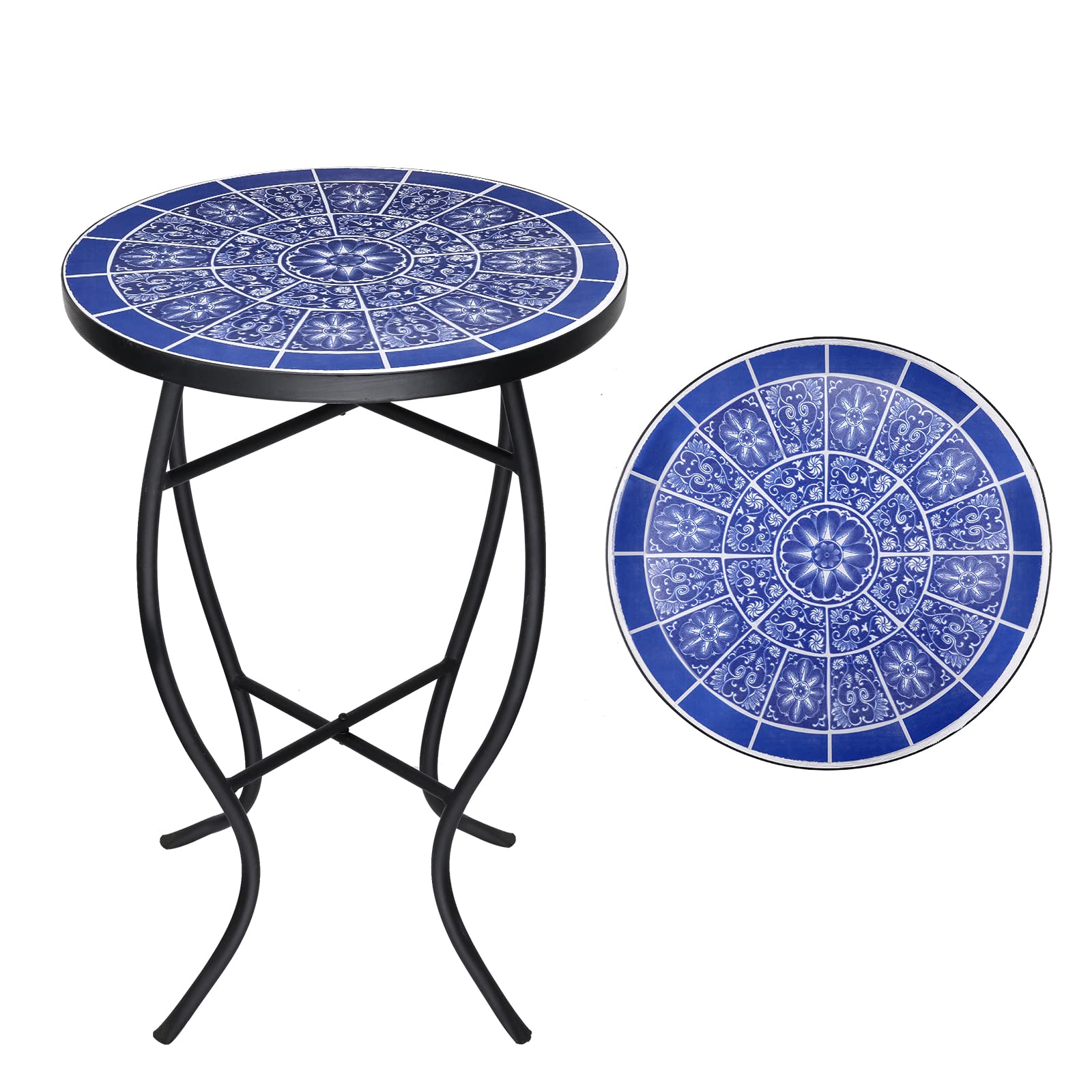 VCUTEKA Mosaic Outdoor Side Table - Small Patio Table Coffee Table Outside Accent Table Round End Plant Table for Bistro Balcony Porch Outdoor Benches 14'' Mosaic Table Blue