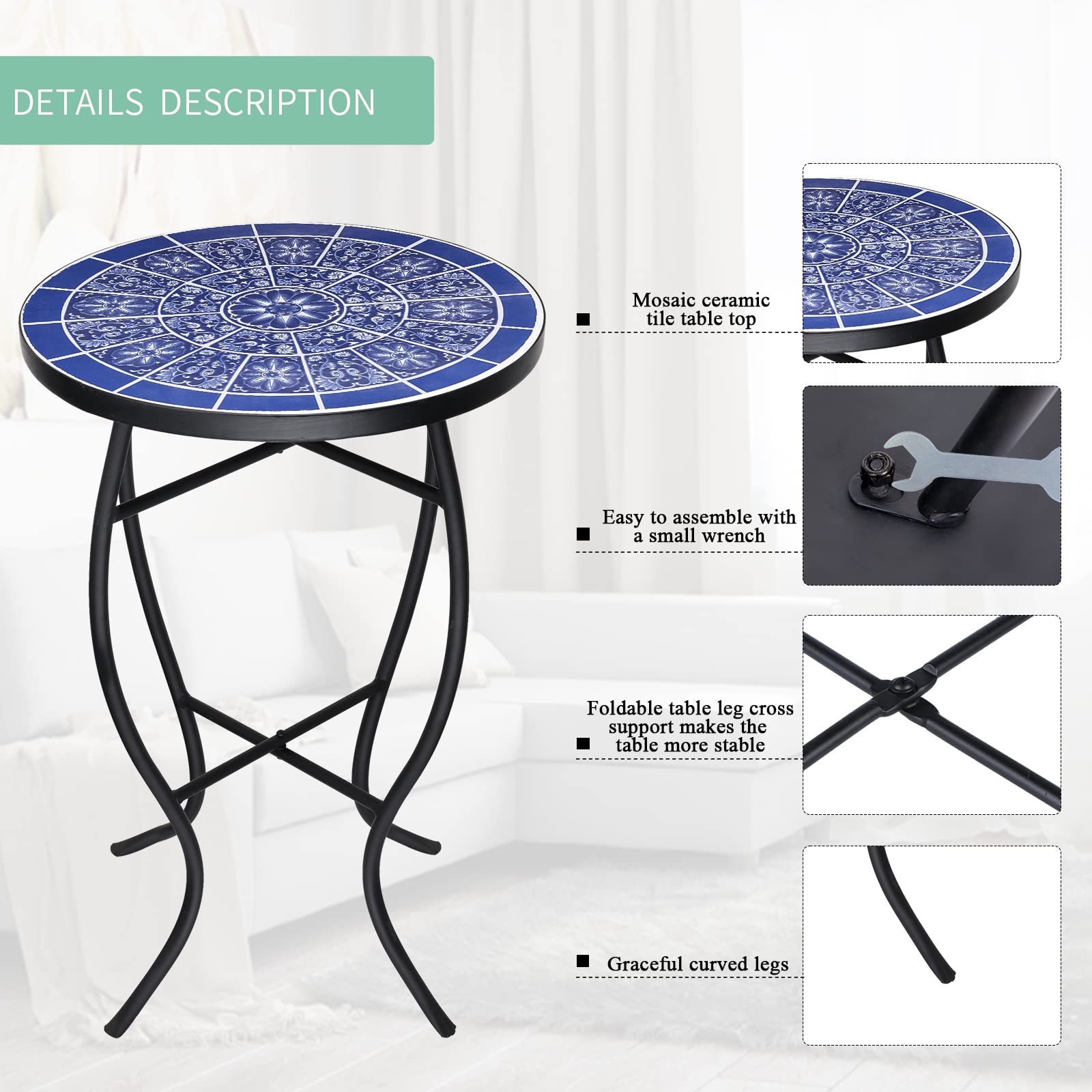 VCUTEKA Mosaic Outdoor Side Table - Small Patio Table Coffee Table Outside Accent Table Round End Plant Table for Bistro Balcony Porch Outdoor Benches 14'' Mosaic Table Blue