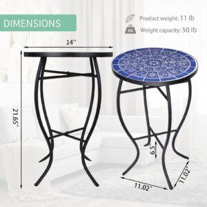 VCUTEKA Mosaic Outdoor Side Table - Small Patio Table Coffee Table Outside Accent Table Round End Plant Table for Bistro Balcony Porch Outdoor Benches 14'' Mosaic Table Blue