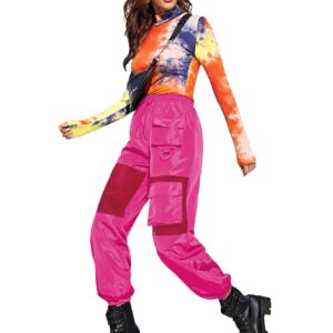 Floerns Women's High Waisted Sporty Drawstring Mesh Paneled Cargo Pants Hot Pink M