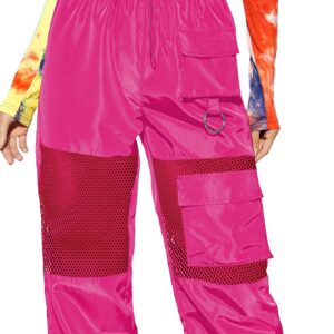 Floerns Women's High Waisted Sporty Drawstring Mesh Paneled Cargo Pants Hot Pink M