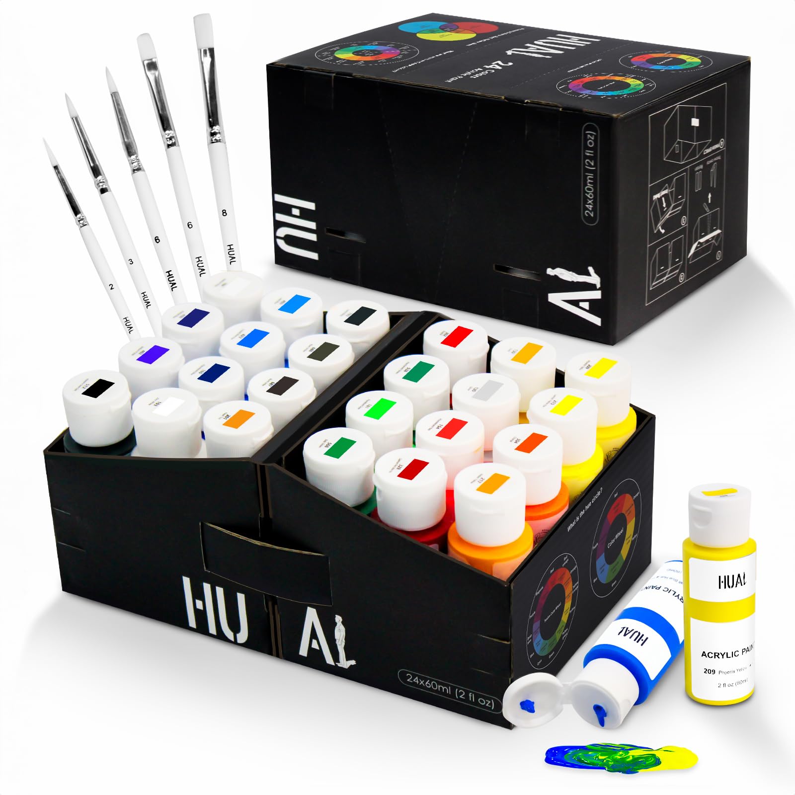 HUAL Acrylic Paint Set With 5 Brushes, 24 Colors (60ml, 2oz) Premium Acrylic Paints for Professional Artists Kids Students Beginners & Painters, Canvas Ceramic Wood Fabric Rock PaintingHalloween