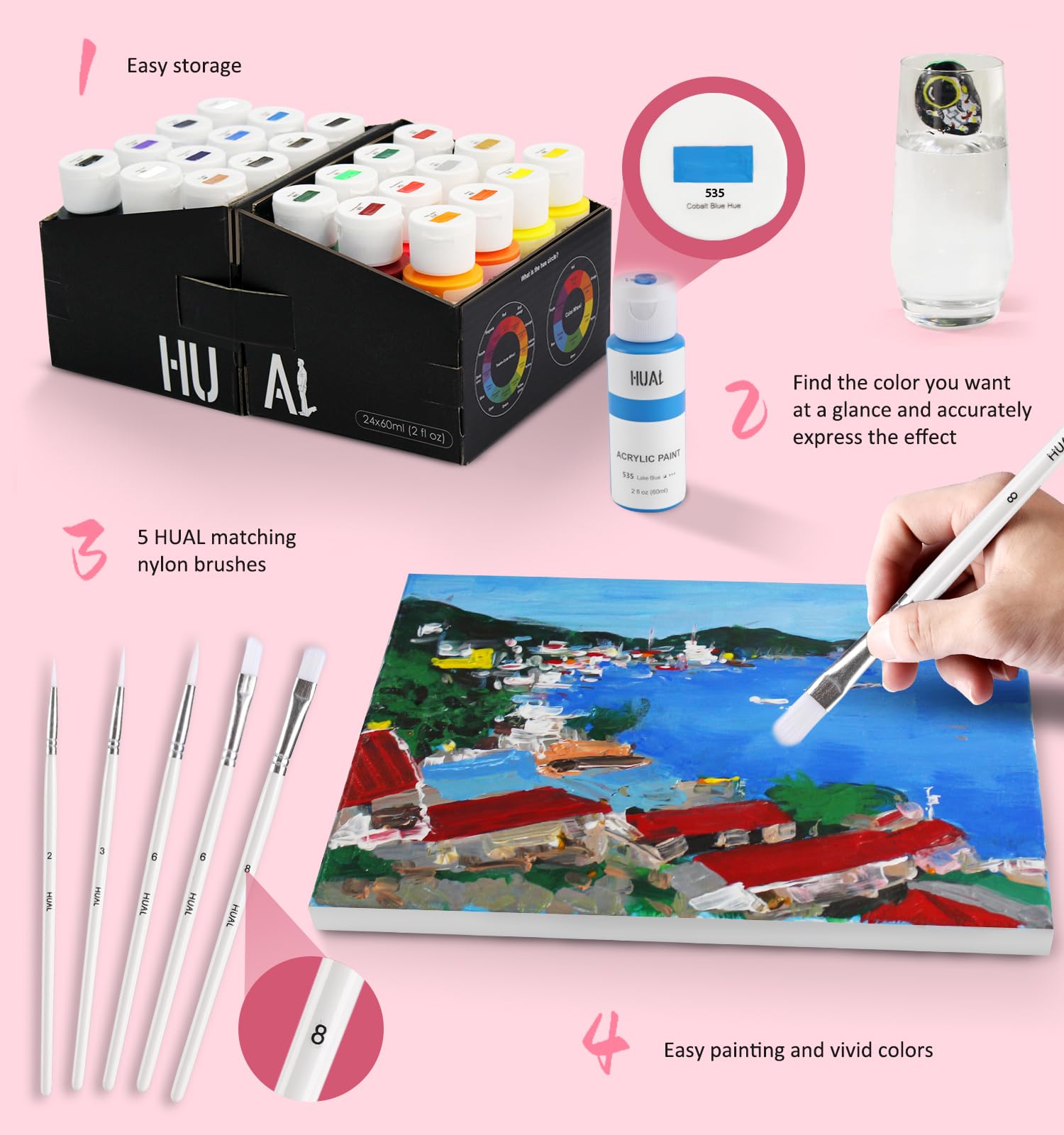 HUAL Acrylic Paint Set With 5 Brushes, 24 Colors (60ml, 2oz) Premium Acrylic Paints for Professional Artists Kids Students Beginners & Painters, Canvas Ceramic Wood Fabric Rock PaintingHalloween