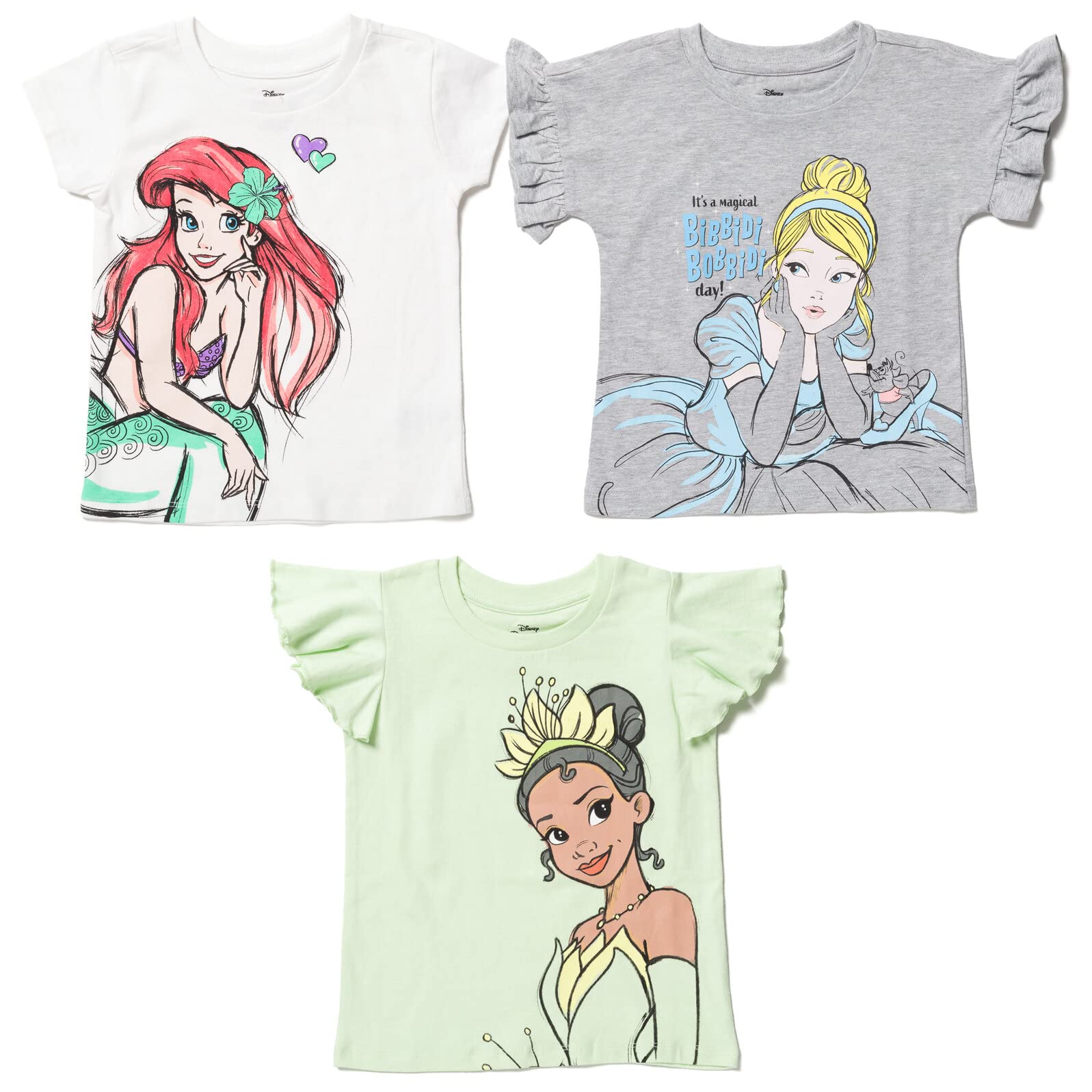 Disney Princess Ariel Tiana Cinderella Toddler Girls 3 Pack Graphic T-Shirts Gray/green/White 3T