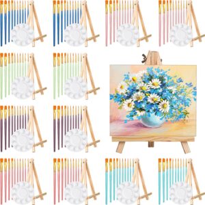 12 sets painting set with 7.09 x 9.45 inch easels, 144 pcs painting supplies kit including 12 pcs wood easels, 12 packs of 10 style paintbrushes, 12 pcs palettes for kids adults art drawing party