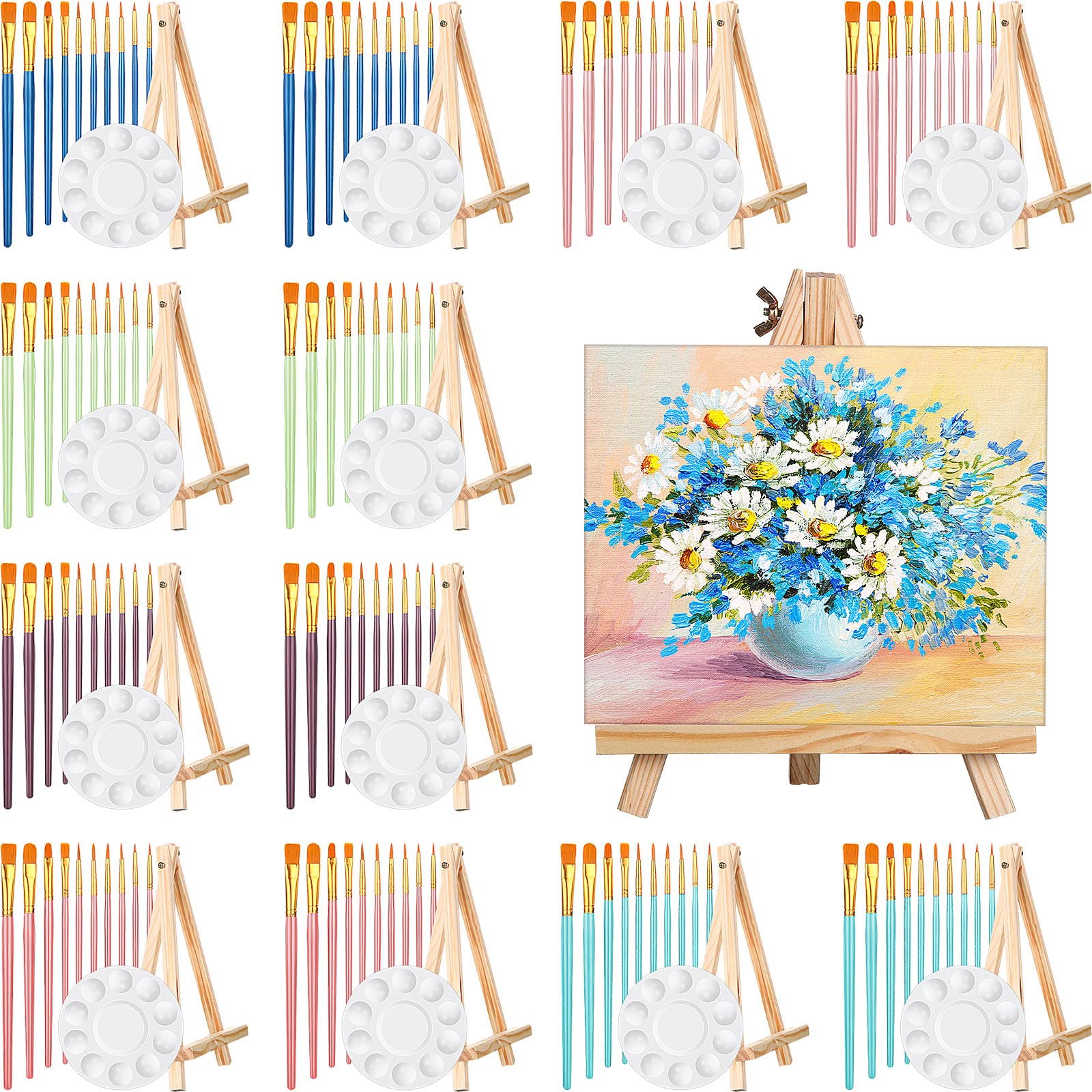 12 Sets Painting Set with 7.09 x 9.45 Inch Easels, 144 Pcs Painting Supplies Kit Including 12 Pcs Wood Easels, 12 Packs of 10 Style Paintbrushes, 12 Pcs Palettes for Kids Adults Art Drawing Party