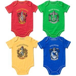 Harry Potter Gryffindor Hufflepuff Ravenclaw Slytherin Newborn Baby Boys 4 Pack Bodysuits 6-9 Months