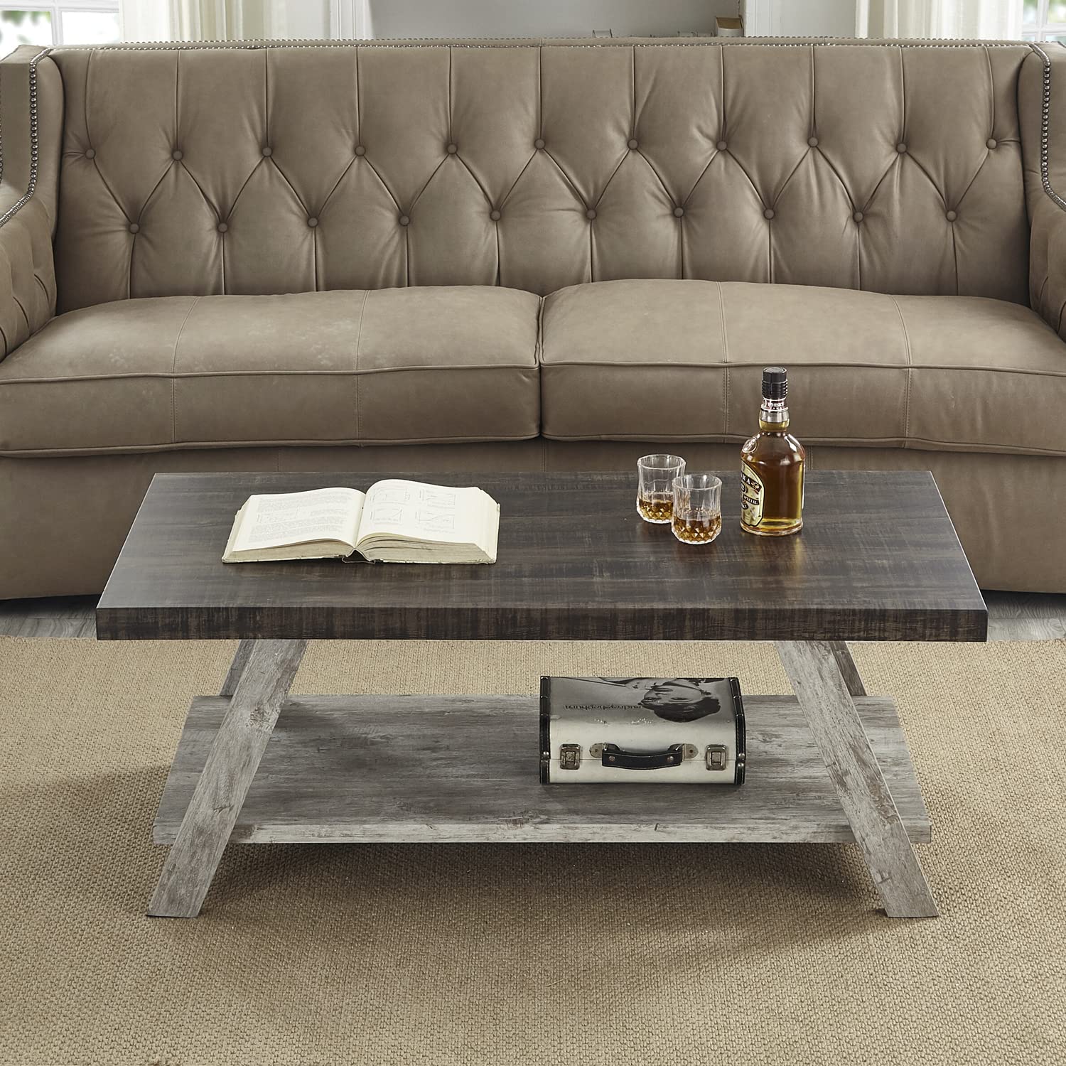 Roundhill Furniture Athens Contemporary Wood Shelf Coffee Table, Weathered Walnut and Gray