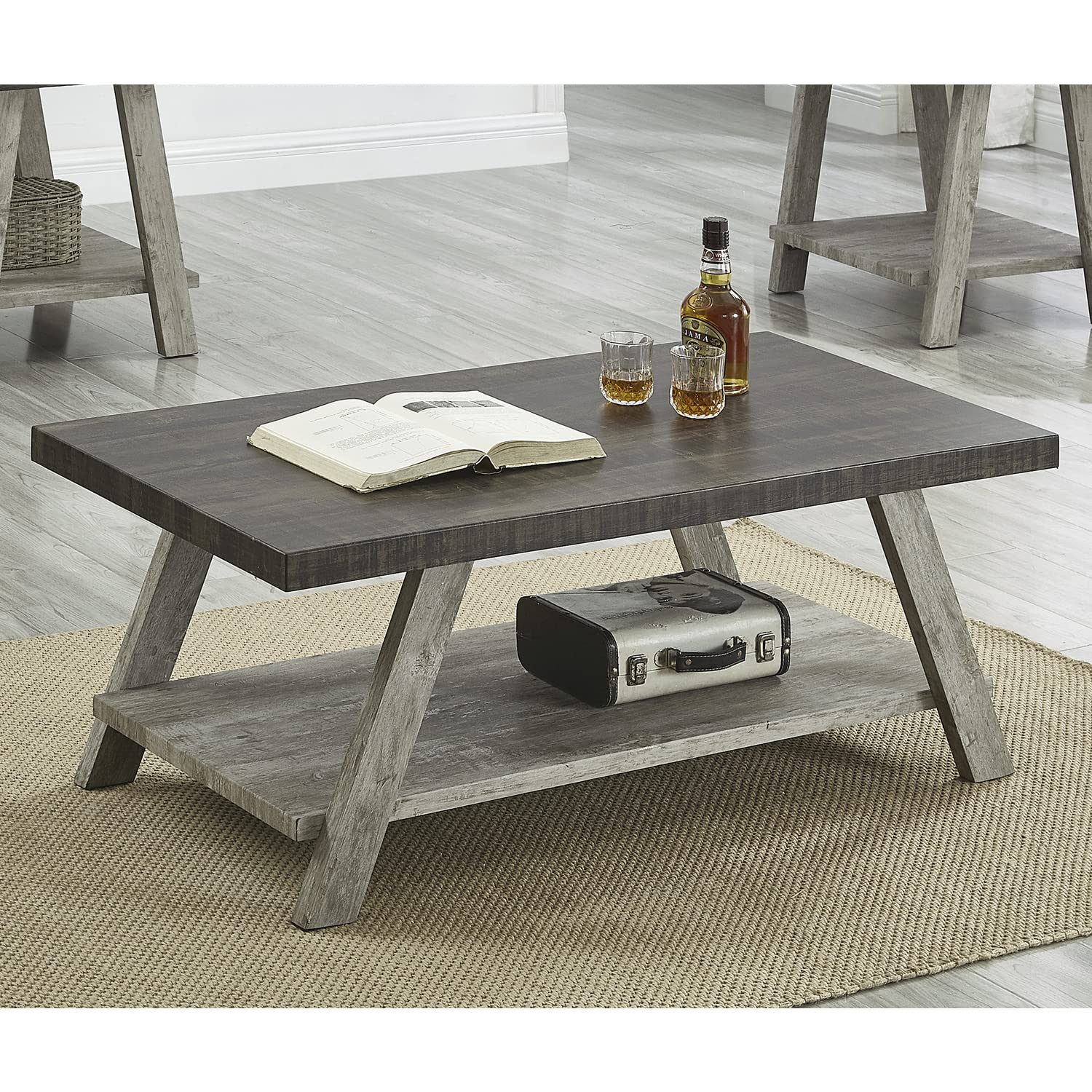 Roundhill Furniture Athens Contemporary Wood Shelf Coffee Table, Weathered Walnut and Gray