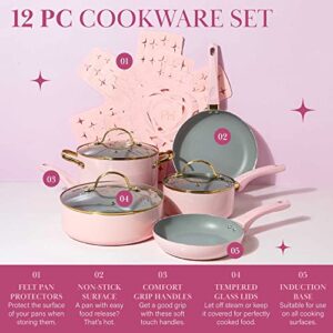 Paris Hilton Epic Nonstick Pots and Pans Set, Multi-layer Nonstick Coating, Tempered Glass Lids, Soft Touch, Stay Cool Handles, Made without PFOA, Dishwasher Safe Cookware Set, 12-Piece, Pink