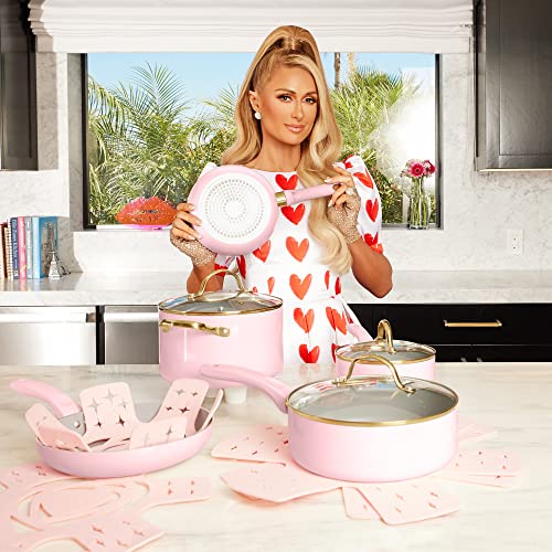 Paris Hilton Epic Nonstick Pots and Pans Set, Multi-layer Nonstick Coating, Tempered Glass Lids, Soft Touch, Stay Cool Handles, Made without PFOA, Dishwasher Safe Cookware Set, 12-Piece, Pink